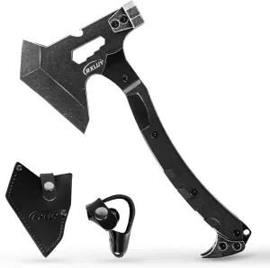 Tactical Axe with G10 Handle Camping Survival Hatchet, Multifunctional Hiking Outdoor Heavy Duty Full Tang Tomahawk Tools with Hammer, Unique Design Crowbar, Leather Sheath (Black)