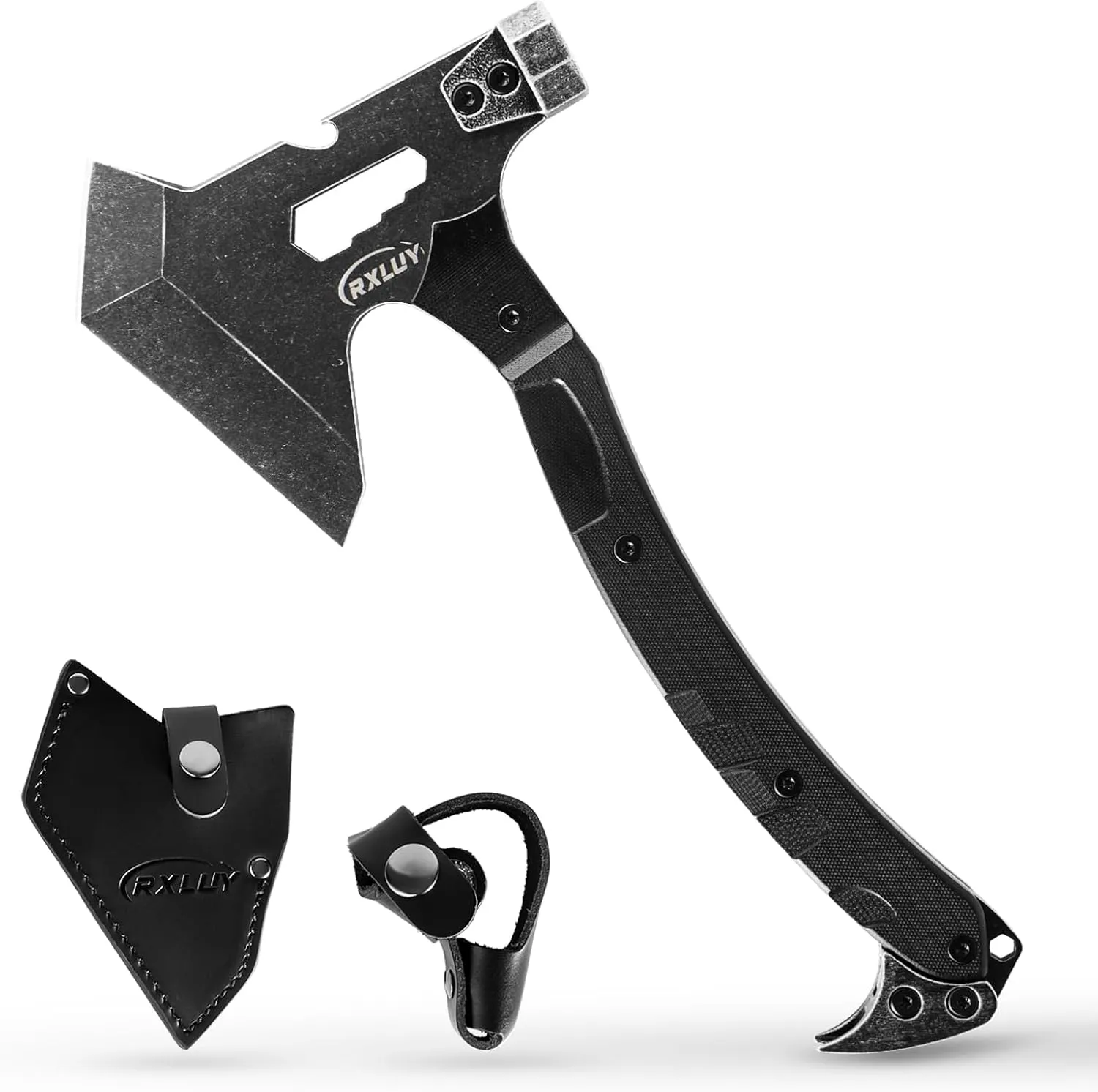 Tactical Axe with G10 Handle Camping Survival Hatchet, Multifunctional Hiking Outdoor Heavy Duty Full Tang Tomahawk Tools with Hammer, Unique Design Crowbar, Leather Sheath (Black)