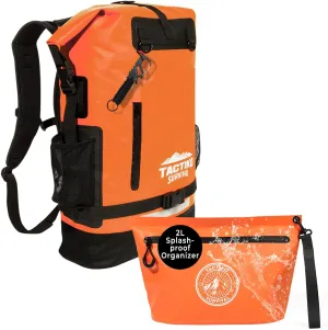 Tactiko 30L 100% Waterproof Backpack & 2L Splashproof Tarpaulin Zipper Pouch - Roll Top Dry Bag for Watersports & Travel Bag - Protection from Water, Mud, Sand, Outdoor, Camping (Orange)