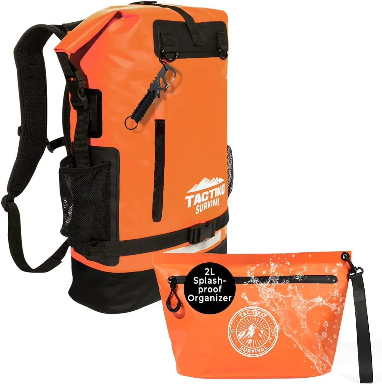 Tactiko 30L 100% Waterproof Backpack & 2L Splashproof Tarpaulin Zipper Pouch - Roll Top Dry Bag for Watersports & Travel Bag - Protection from Water, Mud, Sand, Outdoor, Camping (Orange)