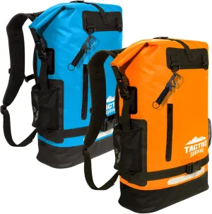 TACTIKO 35L 100% Waterproof Backpack Bundle - Plus Multitool Carabiner & Mash Bag - Marine Roll Top Floating Dry Bags for Kayaking, Watersports, Camping, Survival (Blue & Orange)