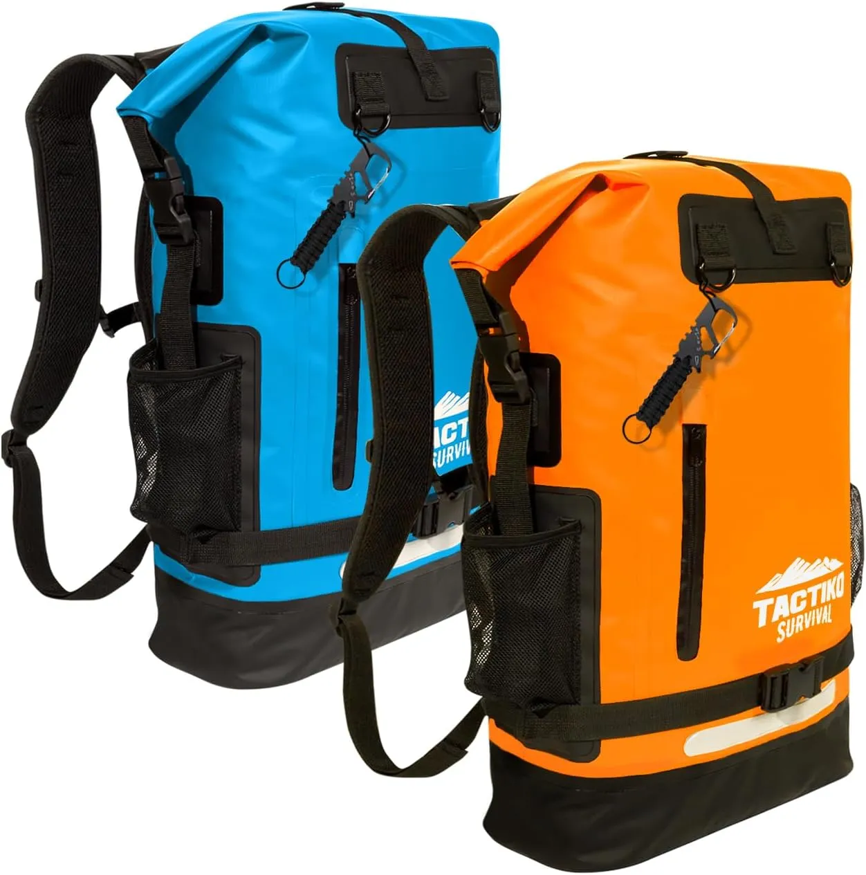 TACTIKO 35L 100% Waterproof Backpack Bundle - Plus Multitool Carabiner & Mash Bag - Marine Roll Top Floating Dry Bags for Kayaking, Watersports, Camping, Survival (Blue & Orange)