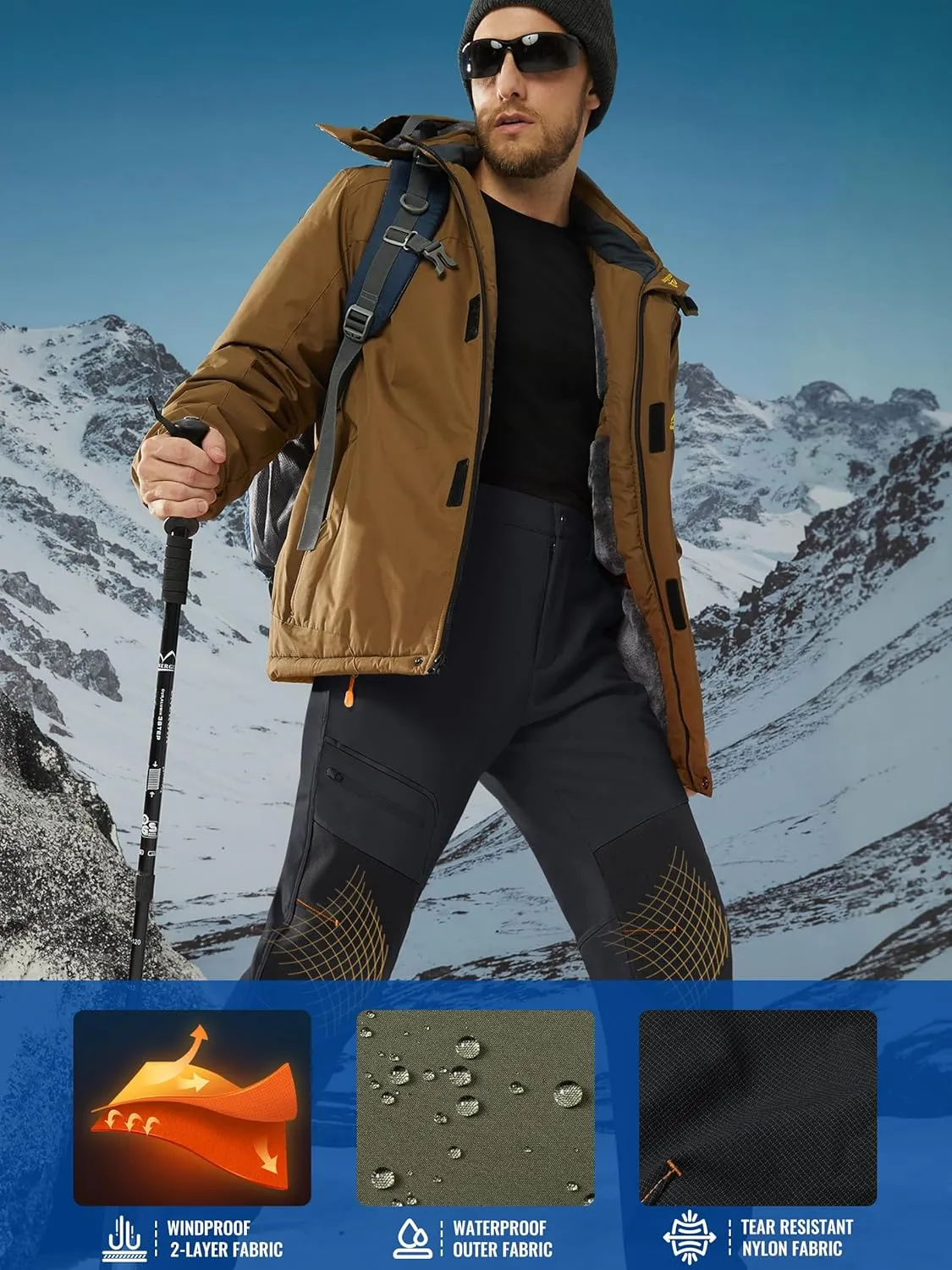 TACVASEN Men's Snow Ski Pants Fleece Lined Winter Hiking Pants Water Resistant Insulated Snowboard Work Outdoor