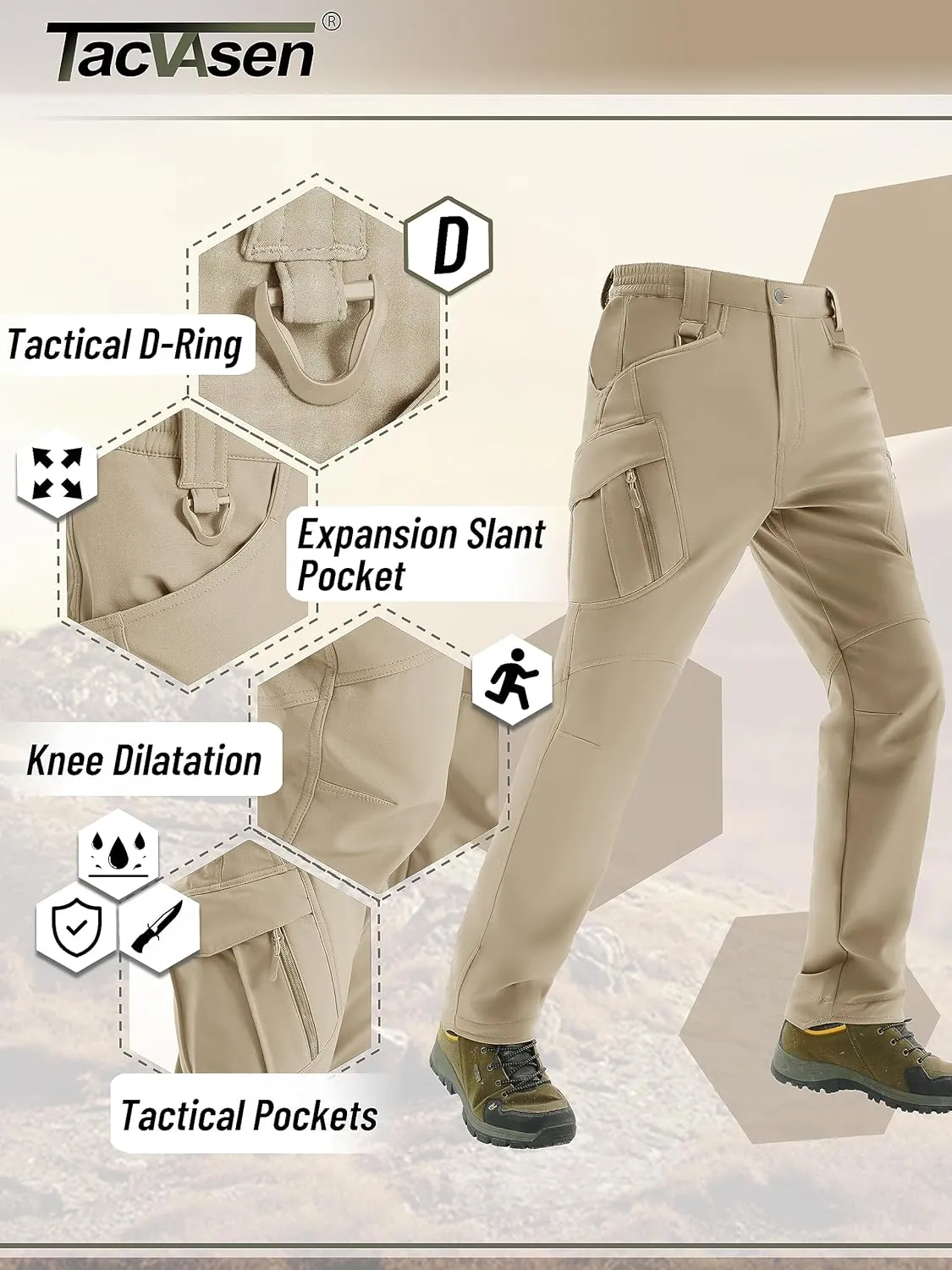 TACVASEN Men's Winter Pants 9 Pockets Fleece Snow Hiking Pants Water-Resistant Warm Softshell Thick Tactical Pants