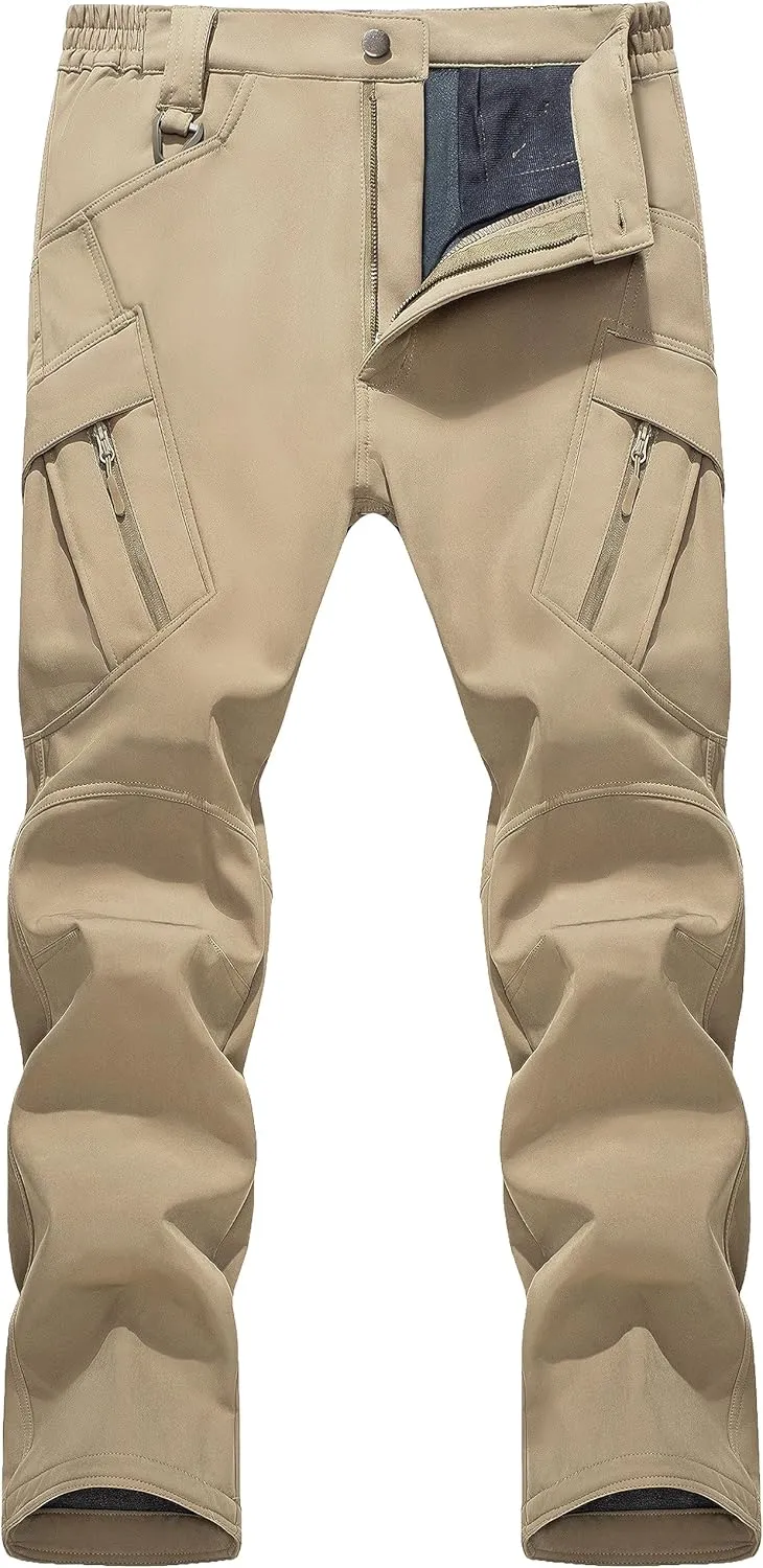 TACVASEN Men's Winter Pants 9 Pockets Fleece Snow Hiking Pants Water-Resistant Warm Softshell Thick Tactical Pants