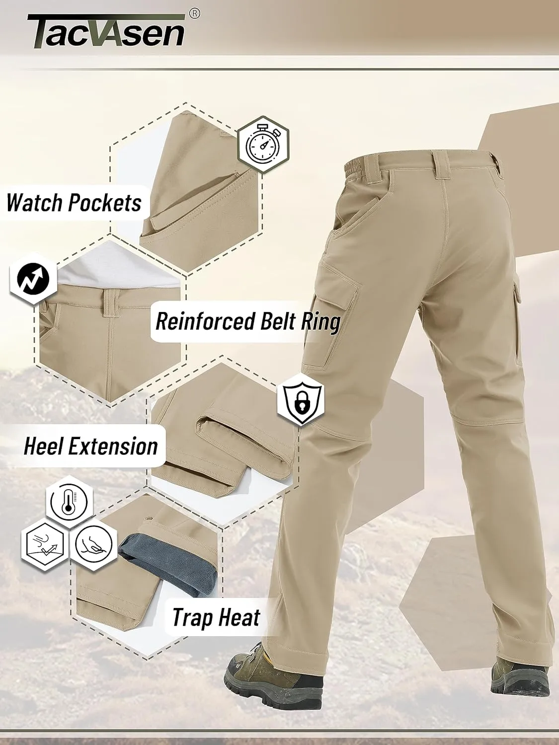 TACVASEN Men's Winter Pants 9 Pockets Fleece Snow Hiking Pants Water-Resistant Warm Softshell Thick Tactical Pants