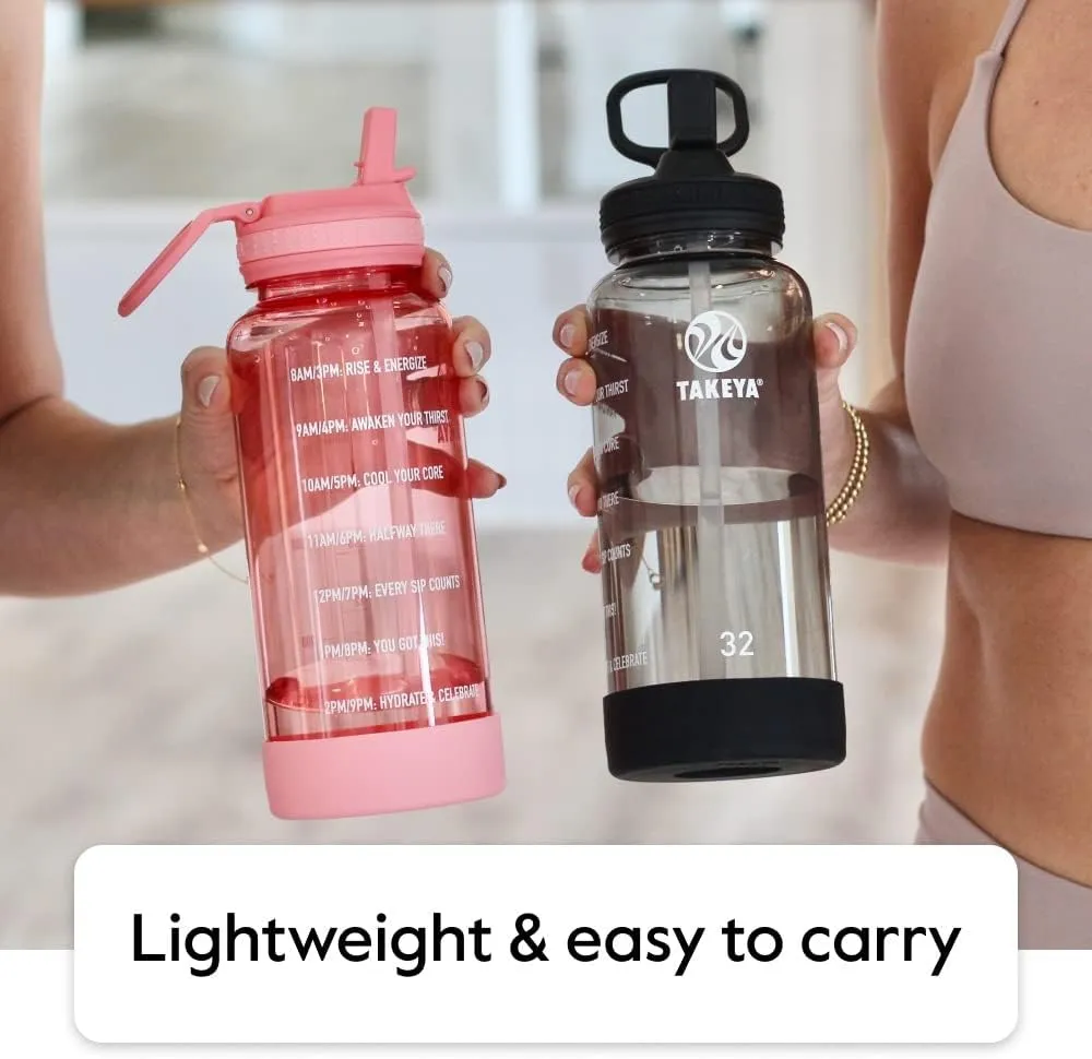 Takeya 32 oz Motivational Water Bottle with Straw Lid with Time Marker, Premium Quality BPA Free Tritan Plastic, Stormy Black