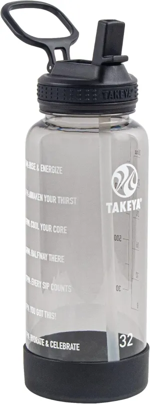 Takeya 32 oz Motivational Water Bottle with Straw Lid with Time Marker, Premium Quality BPA Free Tritan Plastic, Stormy Black