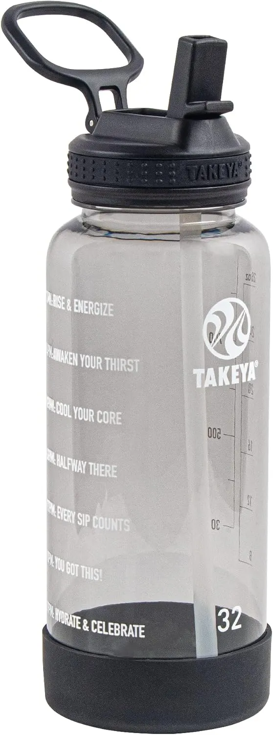 Takeya 32 oz Motivational Water Bottle with Straw Lid with Time Marker, Premium Quality BPA Free Tritan Plastic, Stormy Black