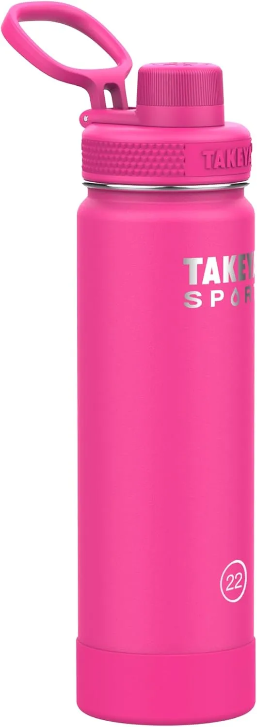 Takeya Sports Water Bottle with Spout Lid - Bottle with Triple Stainless Steel Insulation - Dishwasher Safe & BPA-Free - Bottle with Ice-Blocking Spout Lid & Removable Bumper - 22 oz, Pink Sweep