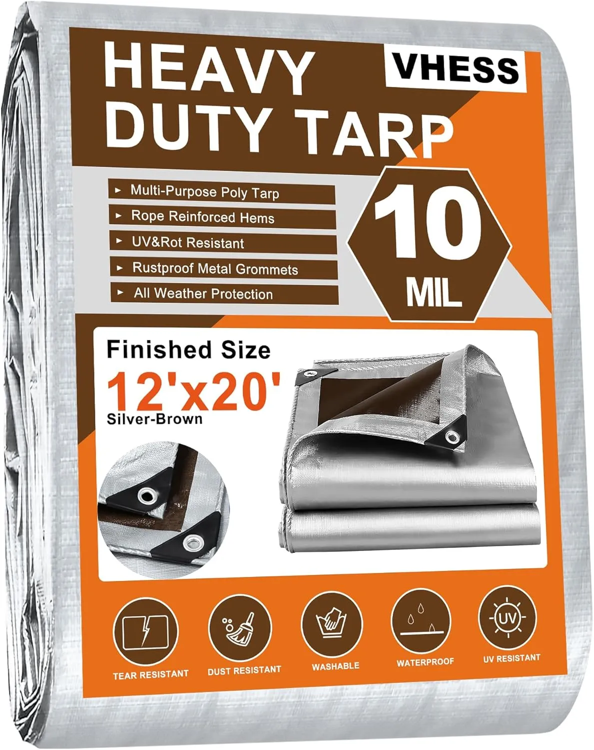 Tarps Heavy Duty Waterproof 12’ X 20’, 10 Mil Multipurpose Poly Tarp Cover, tarp Waterproof UV Resistant Tear&Fade Resistant, Outdoor Tarpaulin for Roof, Camping, Patio, Pool, Boat, Car