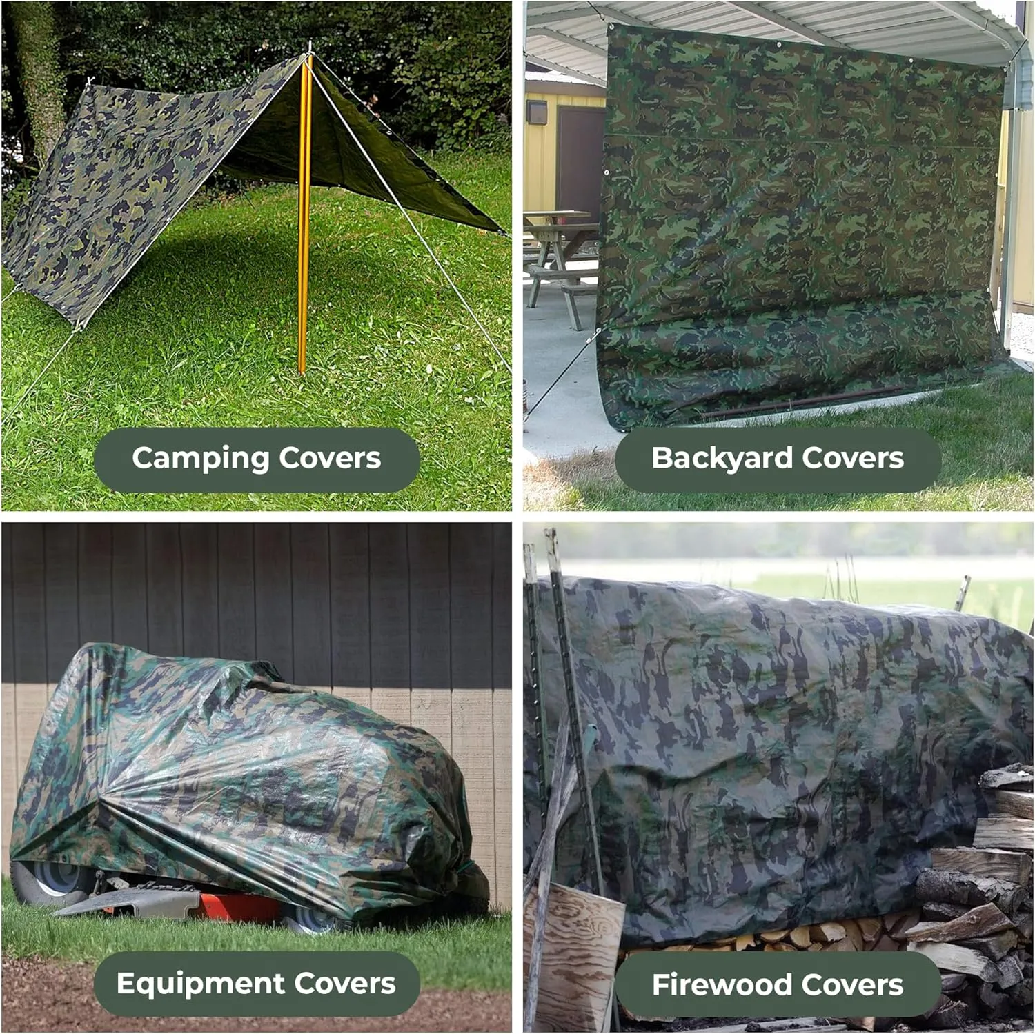 Tarps Now Camouflage Plastic Tarp (Poly Tarp) 8x10 ft - 8 MIL Heavy Duty Waterproof Cover | Tear-Resistant with Rustproof Grommets & Reinforced Edges | Ideal for Camping, Landscaping - Woodland Camo