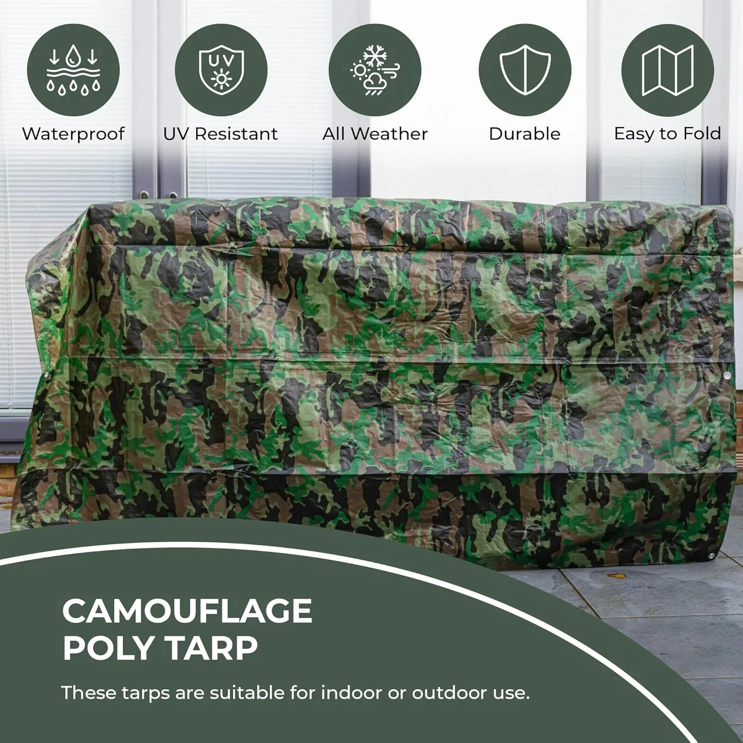 Tarps Now Camouflage Plastic Tarp (Poly Tarp) 8x10 ft - 8 MIL Heavy Duty Waterproof Cover | Tear-Resistant with Rustproof Grommets & Reinforced Edges | Ideal for Camping, Landscaping - Woodland Camo