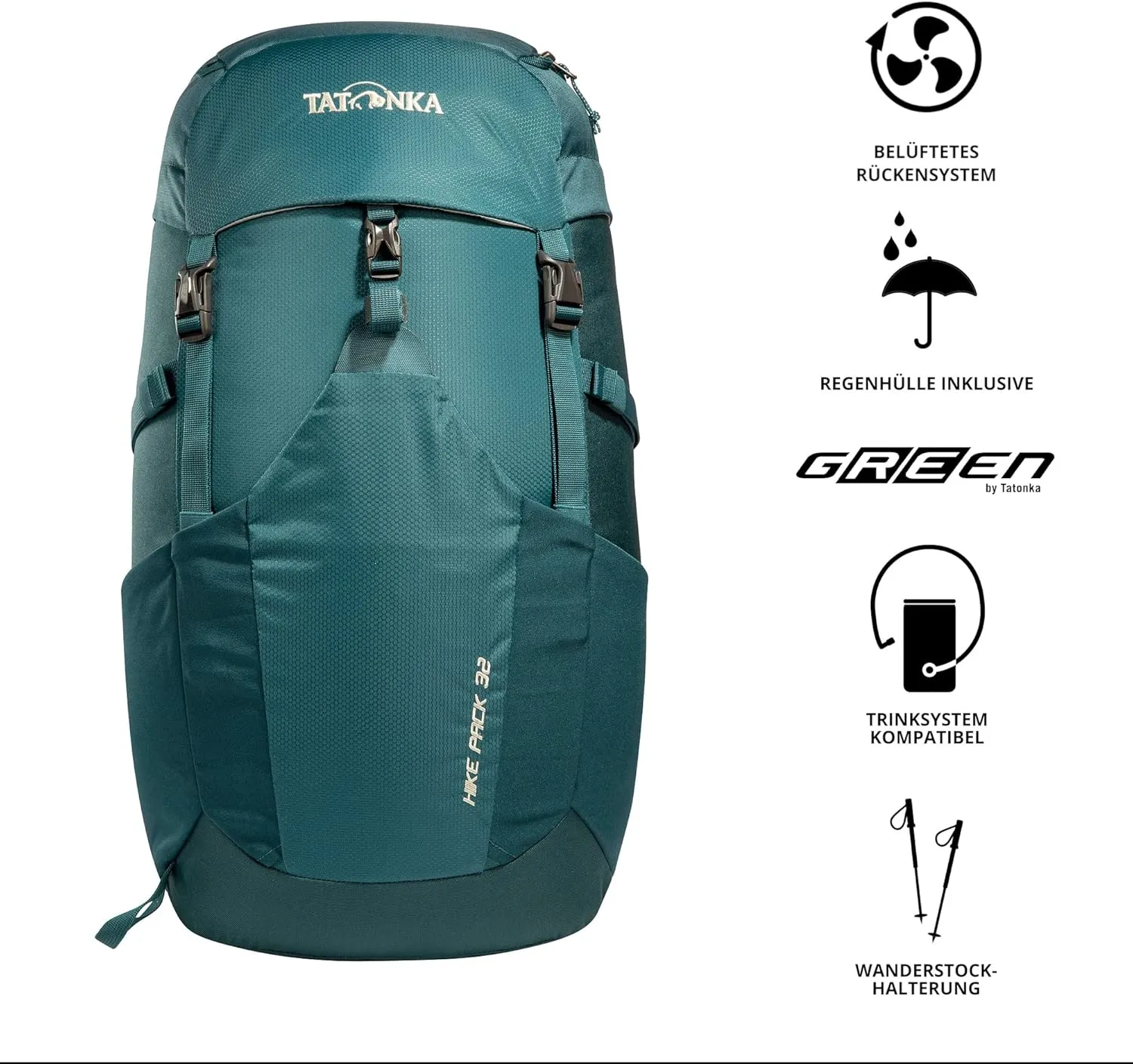 Tatonka Hiking Backpack with 32 Litre Volume and Ventilated Back, Teal Green/Jasper, 32 Liter