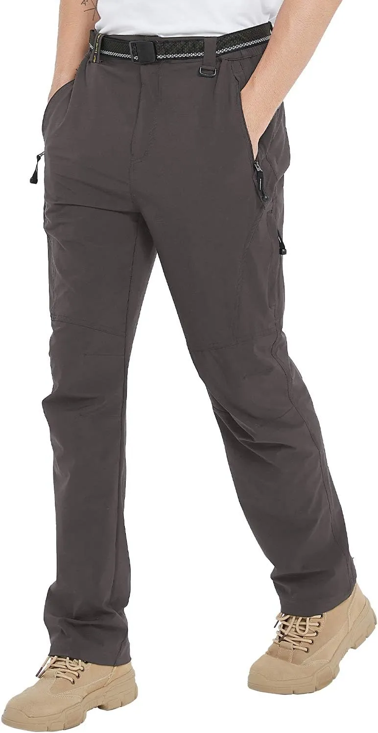 TBMPOY Men's Lightweight Hiking Pants with Belt 5 Zip Pockets Waterproof Quick-Dry Travel Fishing Work Outdoor Pants
