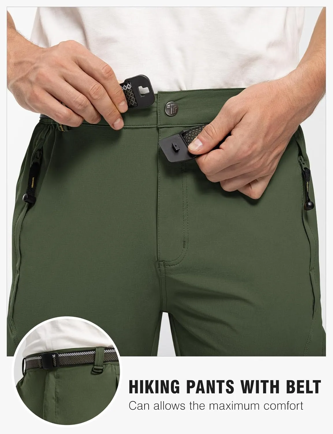 TBMPOY Men's Lightweight Hiking Pants with Belt 5 Zip Pockets Waterproof Quick-Dry Travel Fishing Work Outdoor Pants