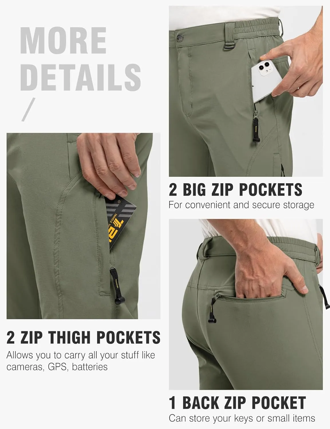 TBMPOY Men's Lightweight Hiking Pants with Belt 5 Zip Pockets Waterproof Quick-Dry Travel Fishing Work Outdoor Pants