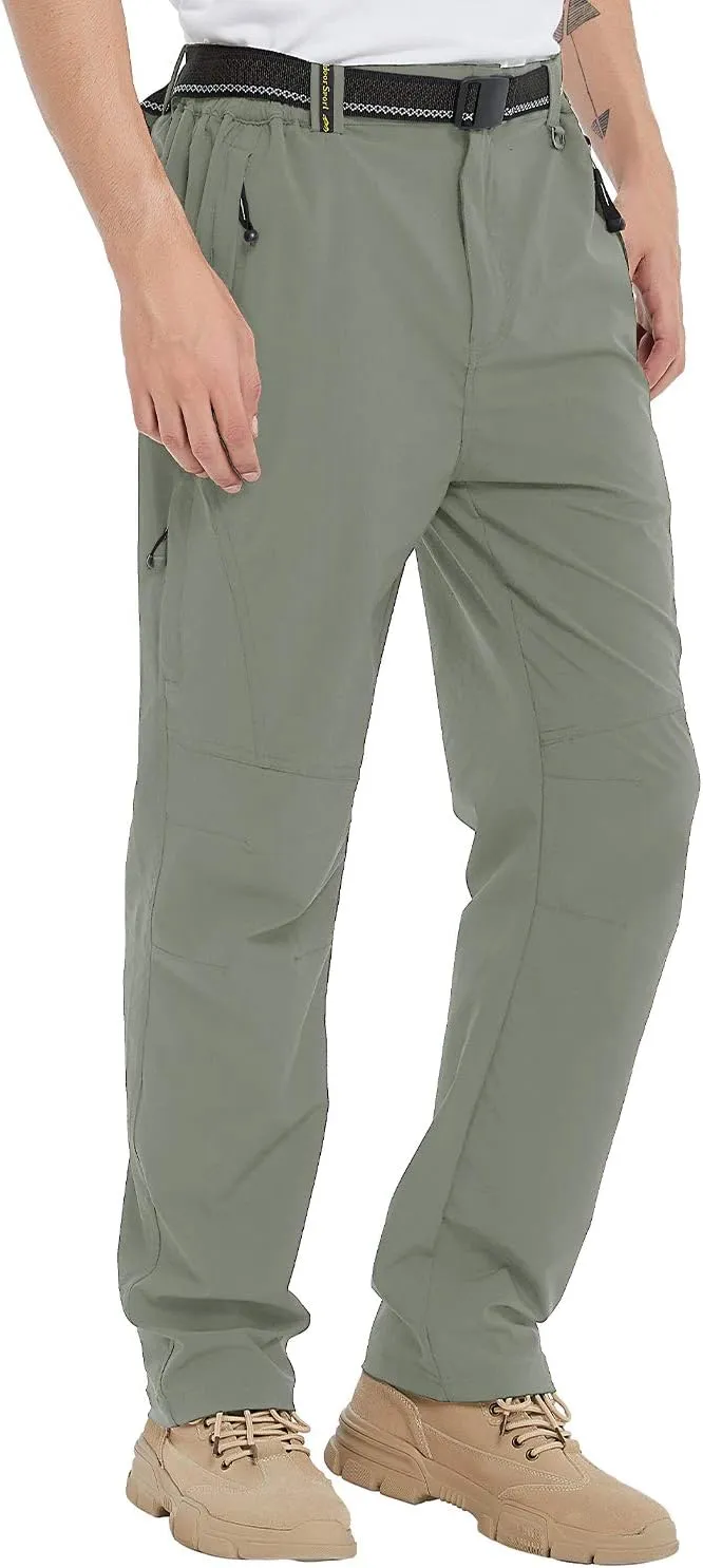 TBMPOY Men's Lightweight Hiking Pants with Belt 5 Zip Pockets Waterproof Quick-Dry Travel Fishing Work Outdoor Pants