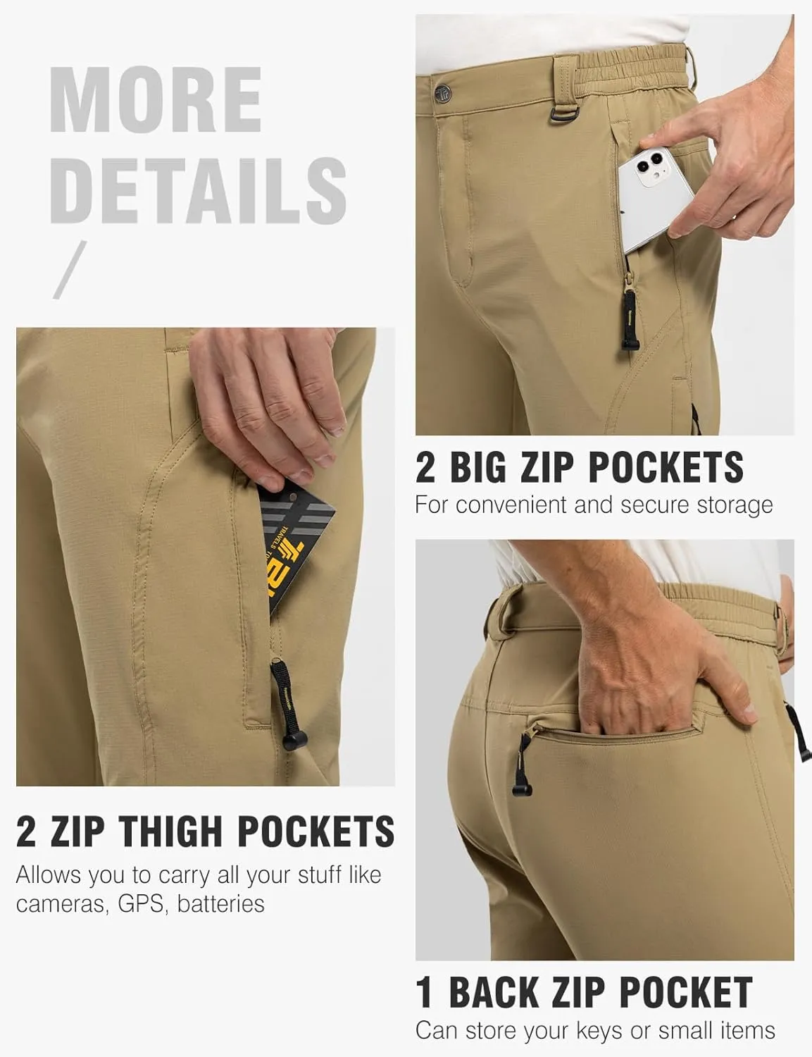 TBMPOY Men's Lightweight Hiking Pants with Belt 5 Zip Pockets Waterproof Quick-Dry Travel Fishing Work Outdoor Pants