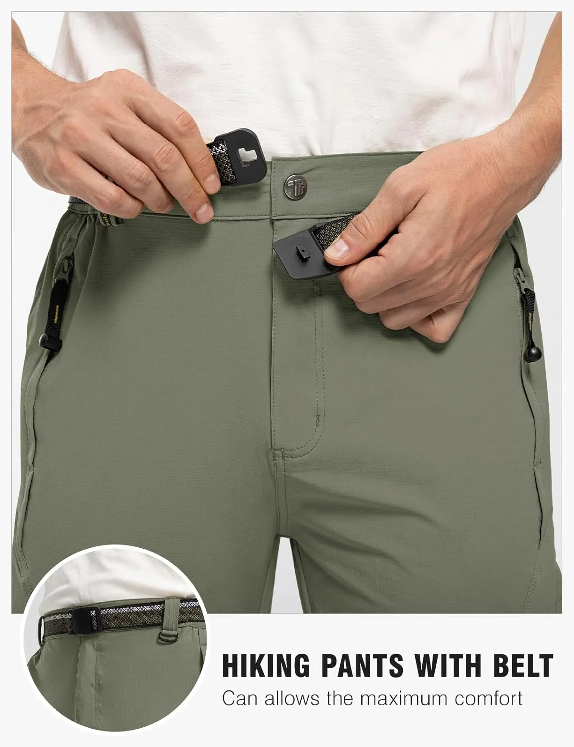 TBMPOY Men's Lightweight Hiking Pants with Belt 5 Zip Pockets Waterproof Quick-Dry Travel Fishing Work Outdoor Pants