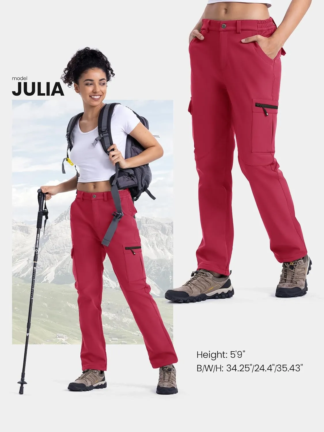 TBMPOY Women's Hiking Cargo Pants Outdoor Waterproof Windproof Softshell Fleece Snow Pants