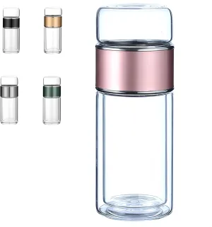 Tea Infuser Bottle Tea and water separation， Double-layer glass leak-proof water bottle with stainless steel filter，Travel office home with gift (Rose gold, 420ml)