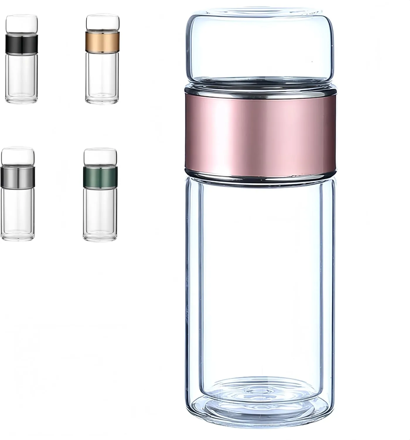 Tea Infuser Bottle Tea and water separation， Double-layer glass leak-proof water bottle with stainless steel filter，Travel office home with gift (Rose gold, 420ml)
