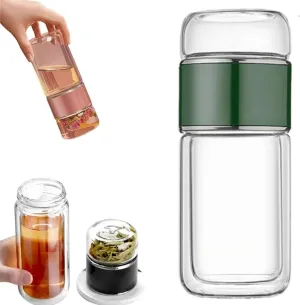 Tea Infuser Bottle,Tea and Water Separation Cup,Double Layered Glass Tea Infuser Bottle,Portable Tea Tumbler With Stainless Infuser,Leak Proof Tea Flood Cup for Loose Leaf Tea (Green, 350ml)