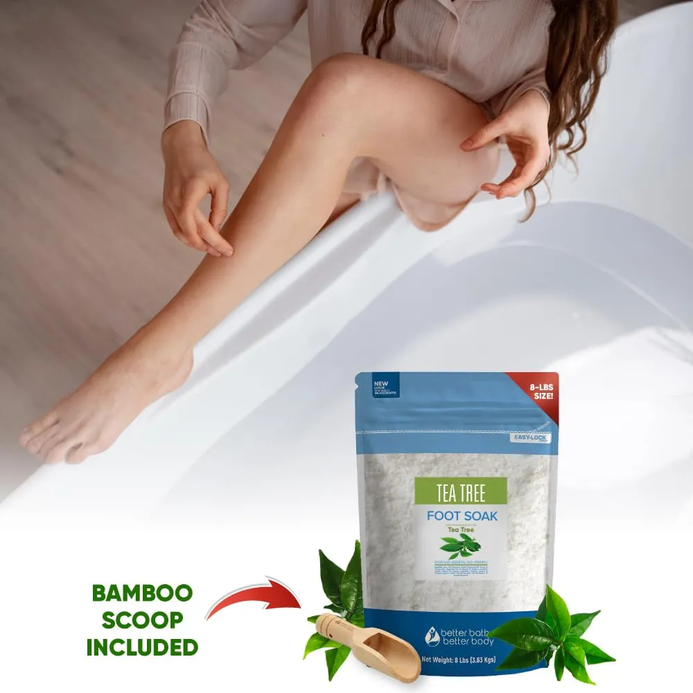 Tea Tree Foot Soak 128 Ounces (8 Lbs) Epsom Salt with Natural Scent Tea Tree and Lavender Pure Essential Oils Plus Vitamin C in BPA Free Pouch with Easy Press Lock Seal Made in USA