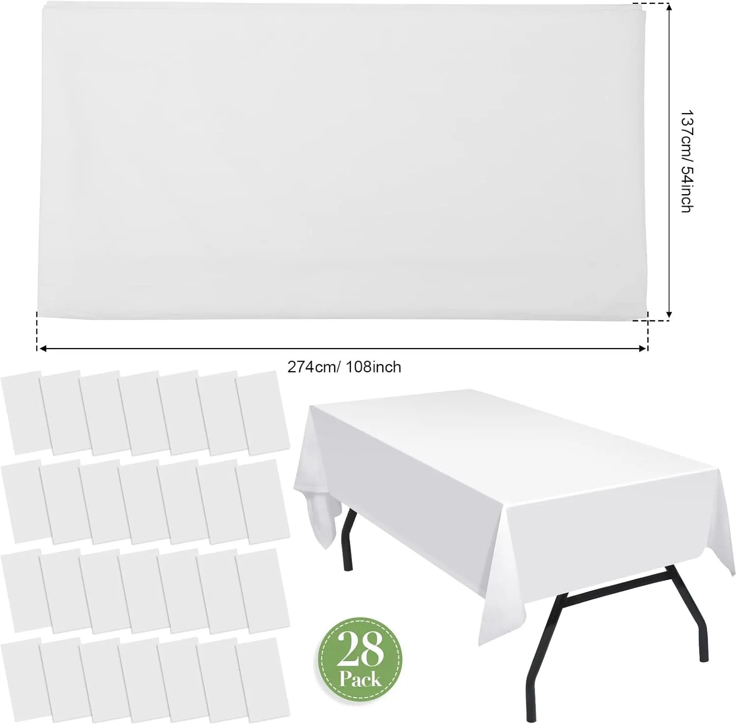 Tegeme Rectangular Plastic Tablecloth, 28 Pack Disposable Table Cloths 54 x 108 Inches, Waterproof Sturdy Material for Kitchen, Dining Room, Party, Wedding, Picnic, Camping (White)