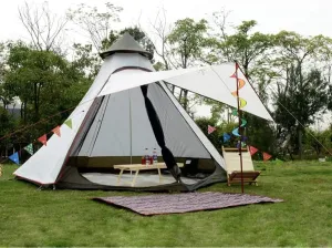 Tent Outdoor Double Layer Camping Tower Tent Family Camping Tent Yurt Teepee Tent for Outdoor Hiking 3-4 Person