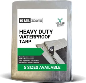 Tent Tarp, Waterproof, Heavy Duty Cover for Swimming Pool, Camping, Truck, Car, Tents, Roof, Boat or Furniture, UV and Tear Resistant, Indoor/Outdoor Silver and Black Tarp, 10' x 12'