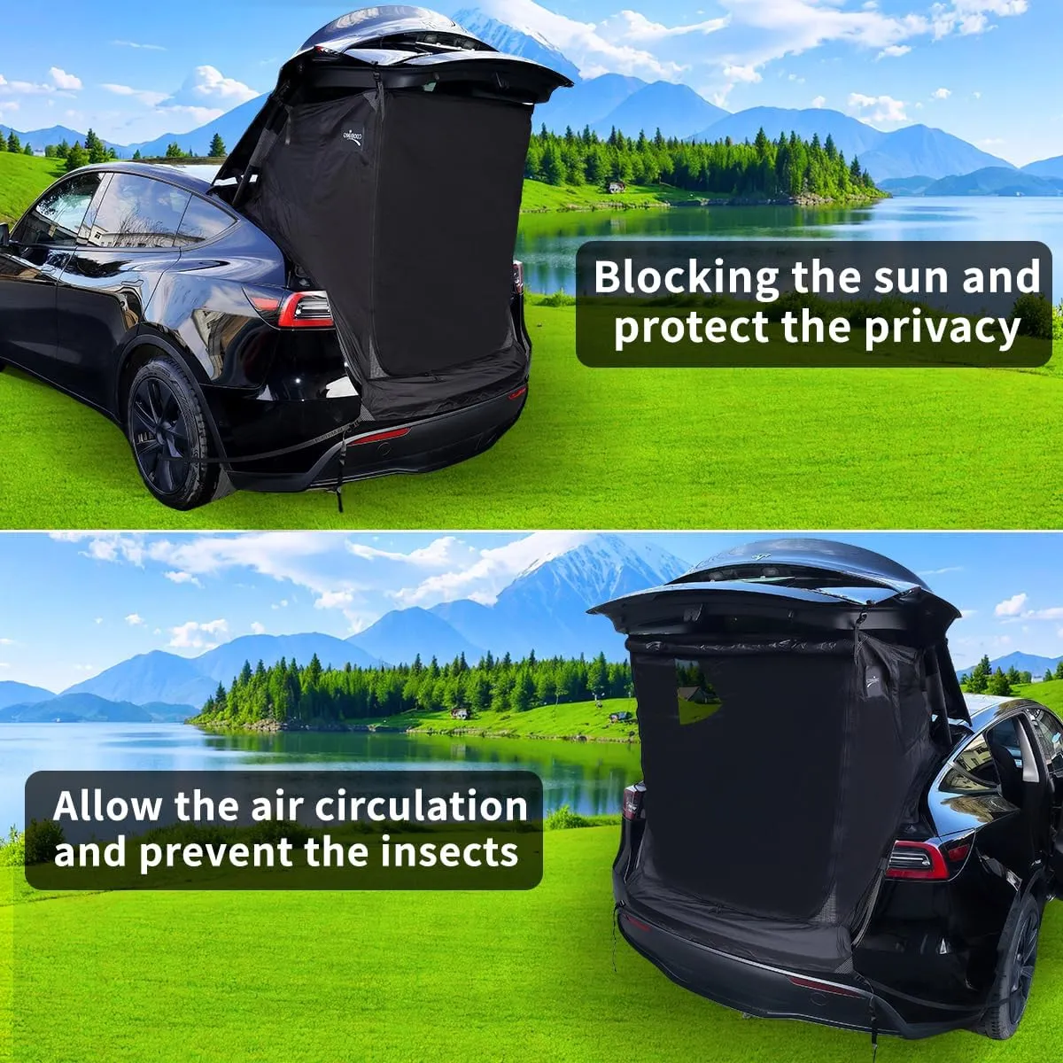 Tesla Model Y Camping Trunk Tent(2020-2025), Tailgate Tent for SUV with Enhanced Privacy & Ventilation,Compact Car Sun Shelter Waterproof 3000 MM UPF 50  Black