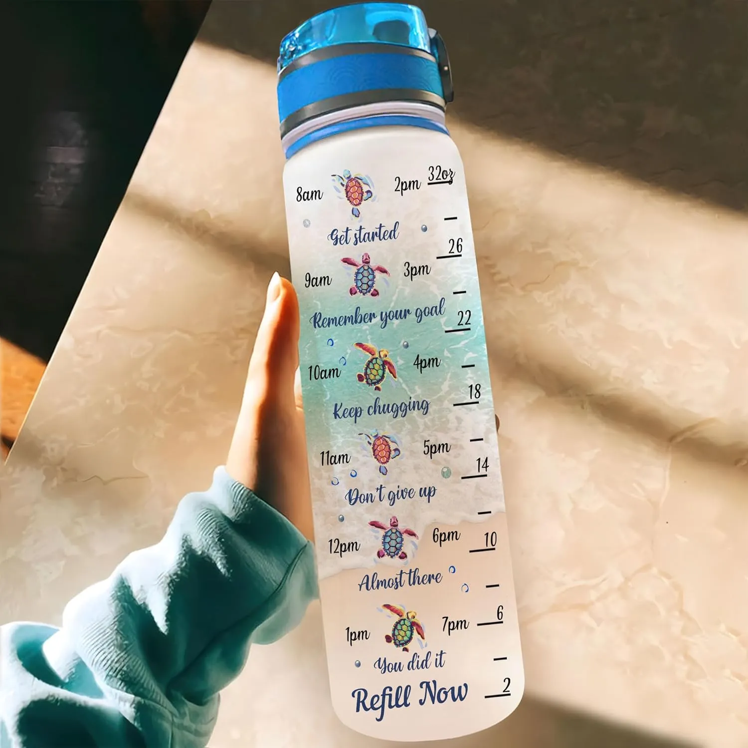 Thankful Grateful Blessed Turtle 32Oz 1Liter Motivational Water Bottle, Turtle With Time Marker Gifts For Women, Man Gifts For Turtle Lovers On Birthday, Mother's Day, Any Anniversary…