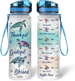 Thankful Grateful Blessed Turtle 32Oz 1Liter Motivational Water Bottle, Turtle With Time Marker Gifts For Women, Man Gifts For Turtle Lovers On Birthday, Mother's Day, Any Anniversary…