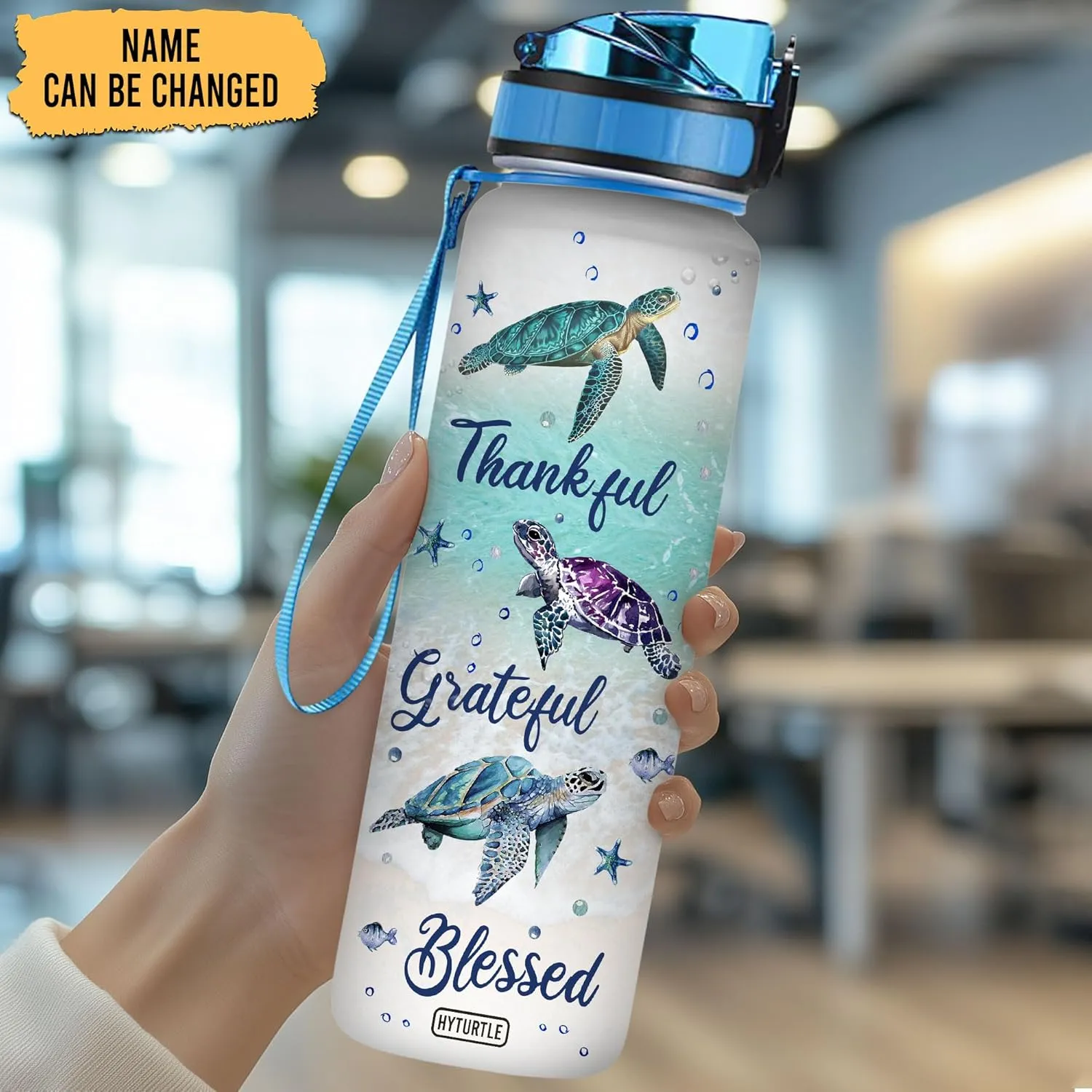 Thankful Grateful Blessed Turtle 32Oz 1Liter Motivational Water Bottle, Turtle With Time Marker Gifts For Women, Man Gifts For Turtle Lovers On Birthday, Mother's Day, Any Anniversary…