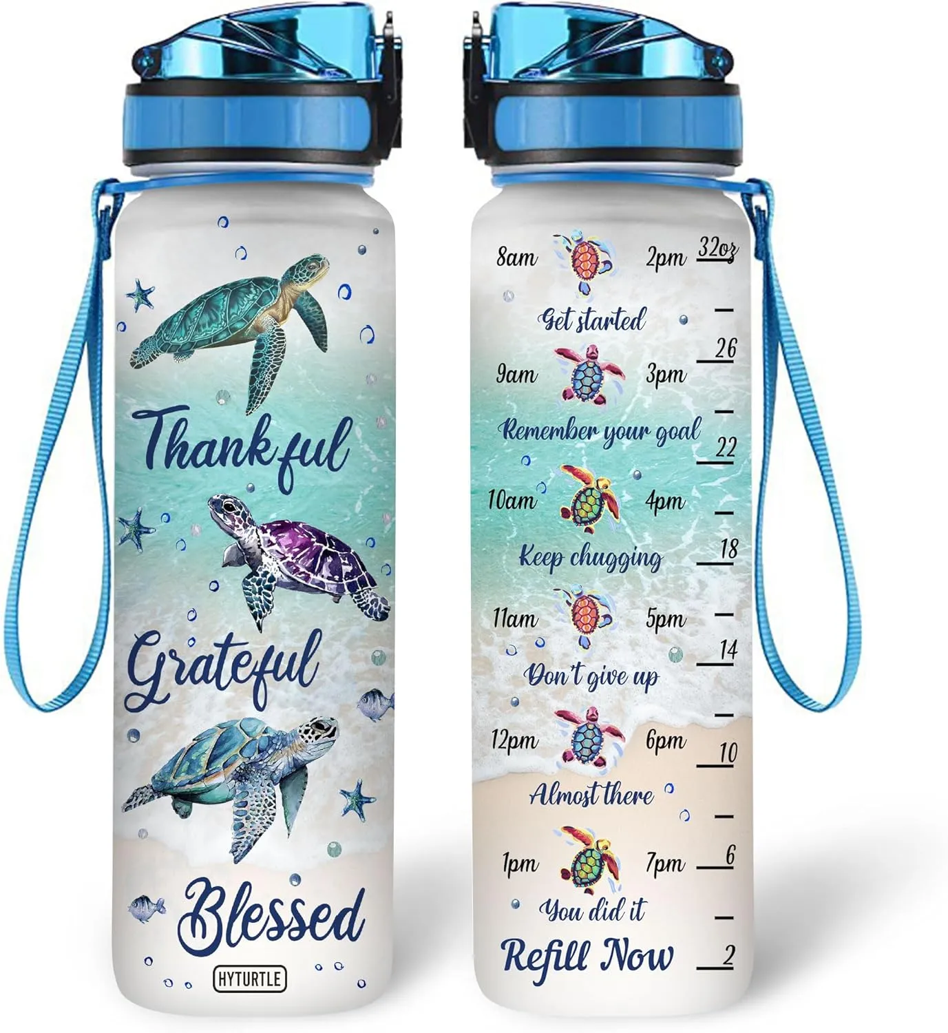 Thankful Grateful Blessed Turtle 32Oz 1Liter Motivational Water Bottle, Turtle With Time Marker Gifts For Women, Man Gifts For Turtle Lovers On Birthday, Mother's Day, Any Anniversary…