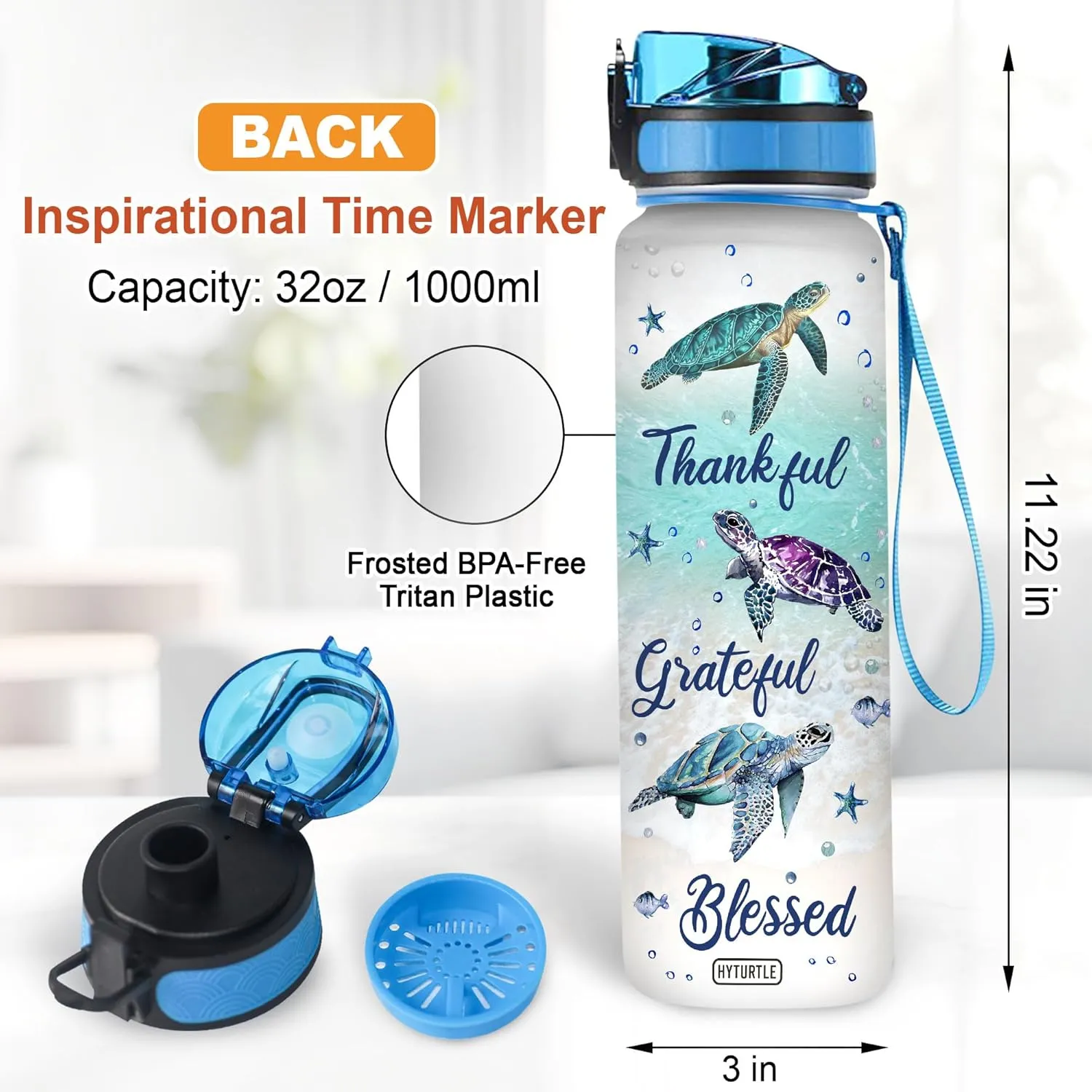 Thankful Grateful Blessed Turtle 32Oz 1Liter Motivational Water Bottle, Turtle With Time Marker Gifts For Women, Man Gifts For Turtle Lovers On Birthday, Mother's Day, Any Anniversary…