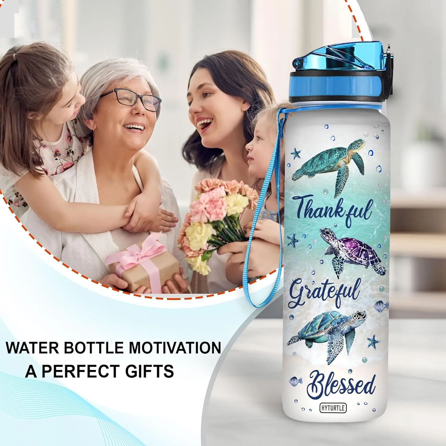 Thankful Grateful Blessed Turtle 32Oz 1Liter Motivational Water Bottle, Turtle With Time Marker Gifts For Women, Man Gifts For Turtle Lovers On Birthday, Mother's Day, Any Anniversary…