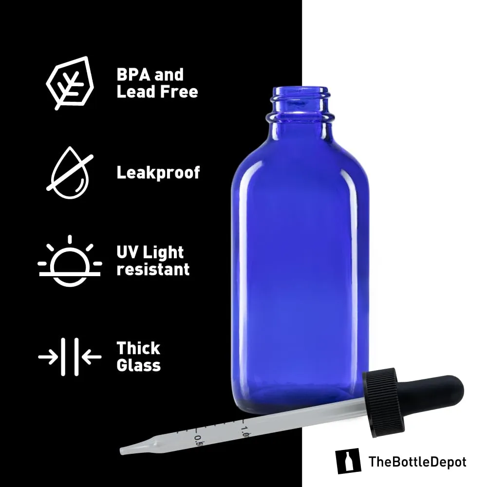 The Bottle Depot - 12 Pack - 4 oz Glass Bottle with Dropper - Blue - 22-400 Neck Finish - Boston Round Bottles - UV Rays Protection