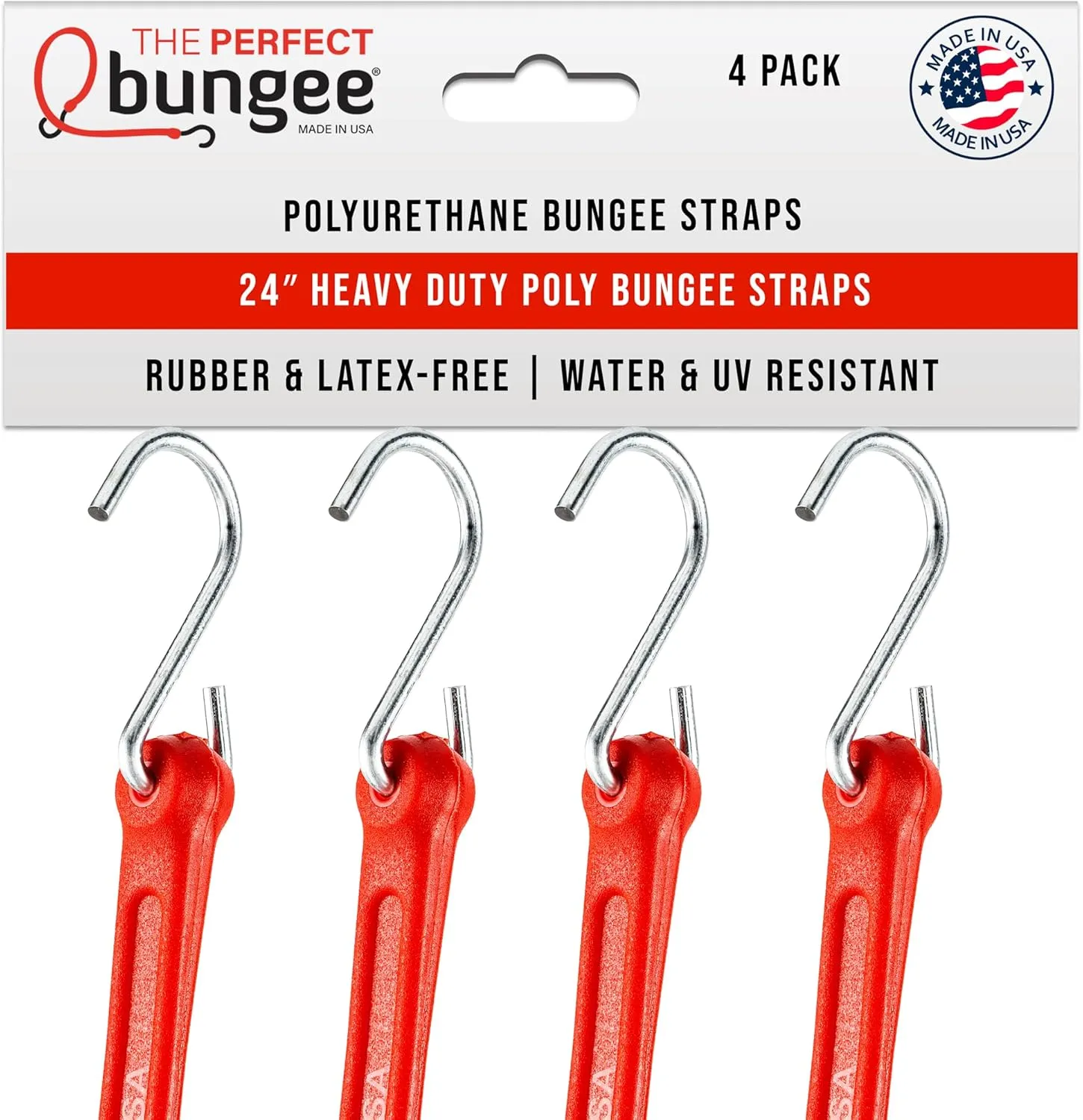 The Perfect Bungee 24" Heavy Duty Polyurethane Bungee Strap, Made in The USA, 4 Pack, Red