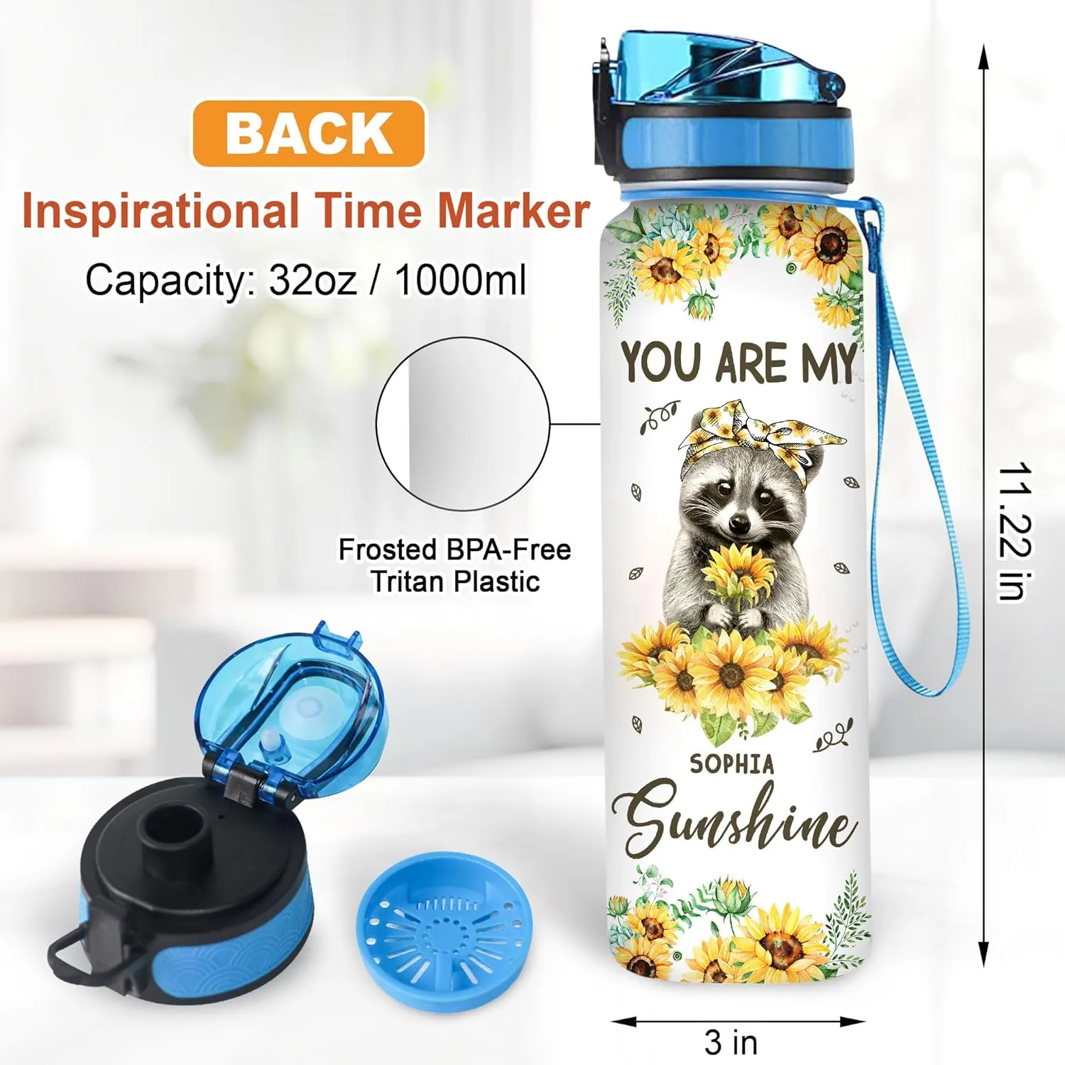 TheSunCozy Personalized You Are My Sunshine Raccoon Sunflower 32oz 1Liter Motivational Water Bottle, 5.7 x 7 x29.5(cm)