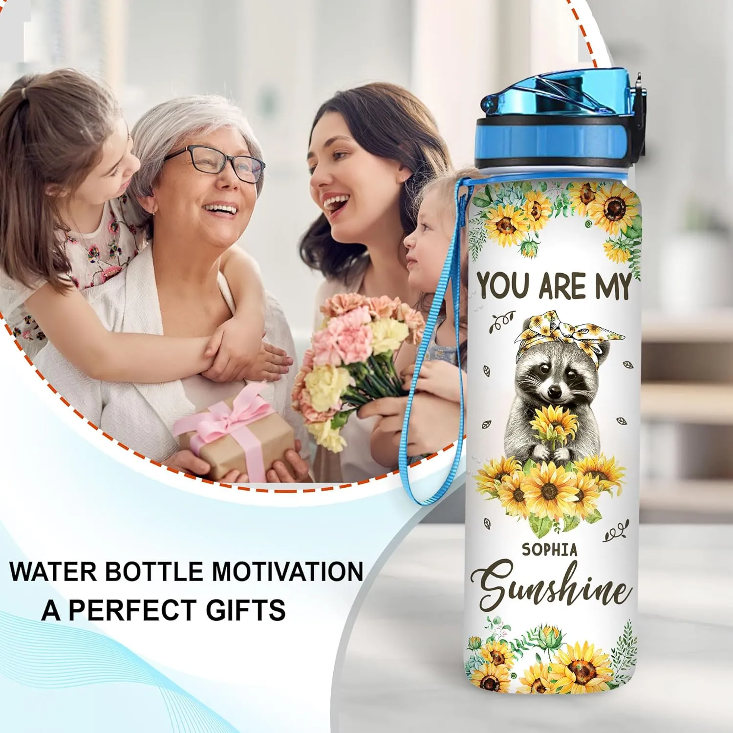 TheSunCozy Personalized You Are My Sunshine Raccoon Sunflower 32oz 1Liter Motivational Water Bottle, 5.7 x 7 x29.5(cm)