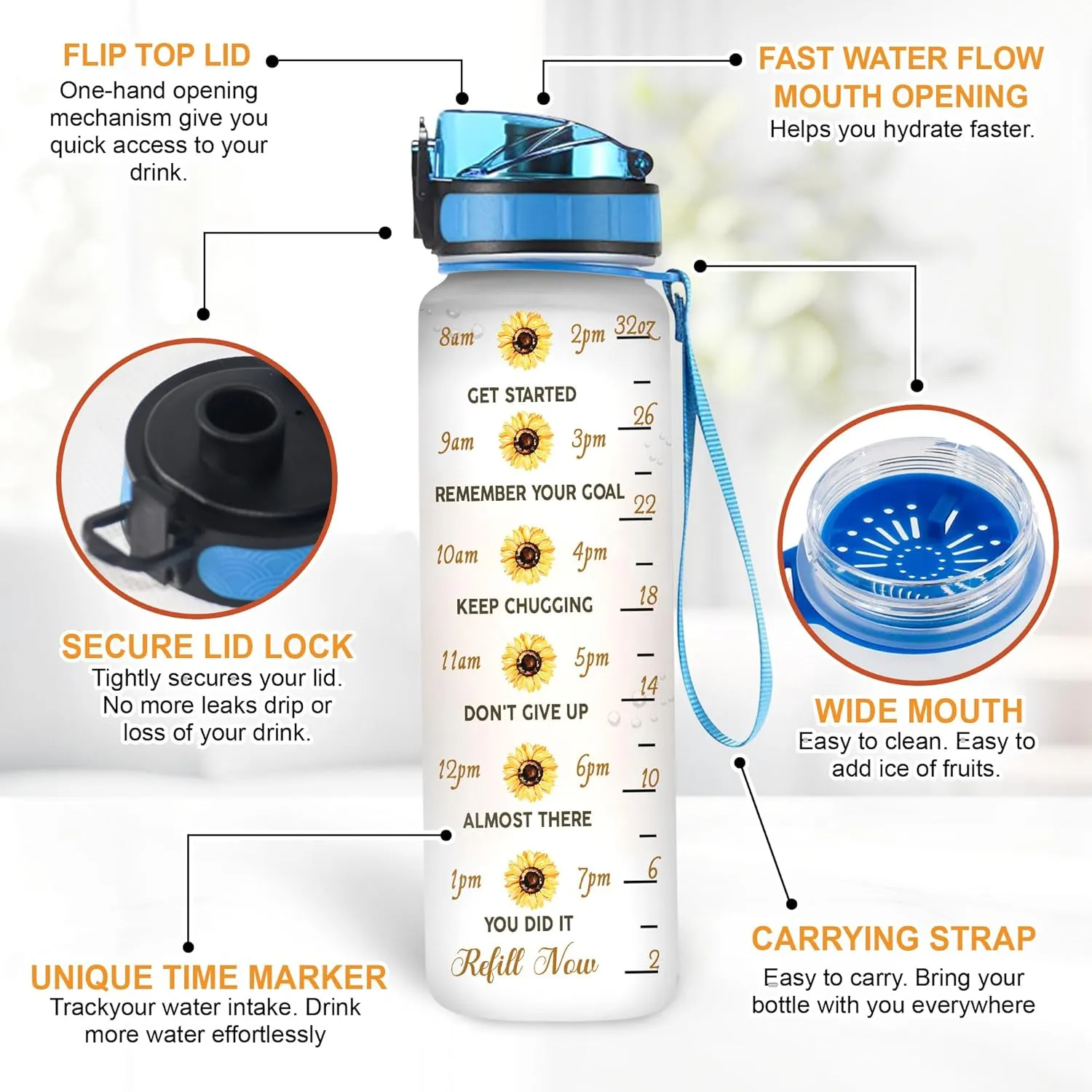 TheSunCozy Personalized You Are My Sunshine Raccoon Sunflower 32oz 1Liter Motivational Water Bottle, 5.7 x 7 x29.5(cm)
