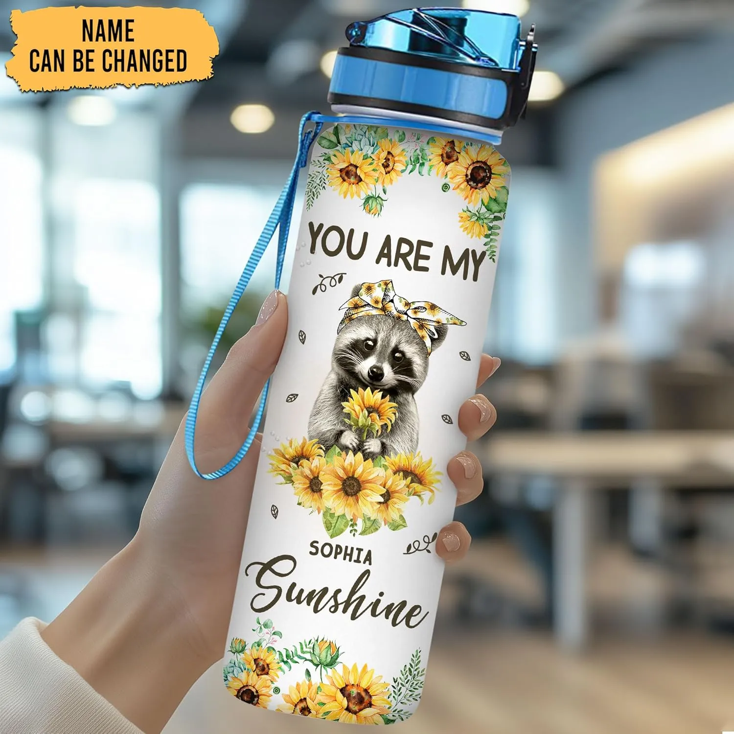 TheSunCozy Personalized You Are My Sunshine Raccoon Sunflower 32oz 1Liter Motivational Water Bottle, 5.7 x 7 x29.5(cm)