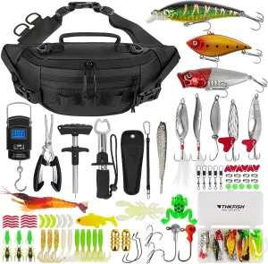 THKFISH 85Pcs Fishing Sling Bag with Tackle Box Included for Fly Fishing Tackle Kit, Waterproof Fanny Pack with Fishing Gear, Lures, Fish Pliers Kit, Lip Gripper, Weigh Scale