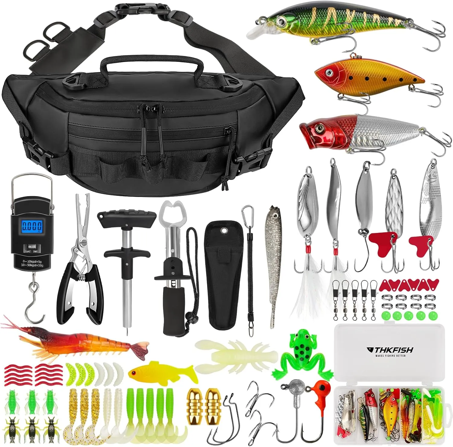 THKFISH 85Pcs Fishing Sling Bag with Tackle Box Included for Fly Fishing Tackle Kit, Waterproof Fanny Pack with Fishing Gear, Lures, Fish Pliers Kit, Lip Gripper, Weigh Scale