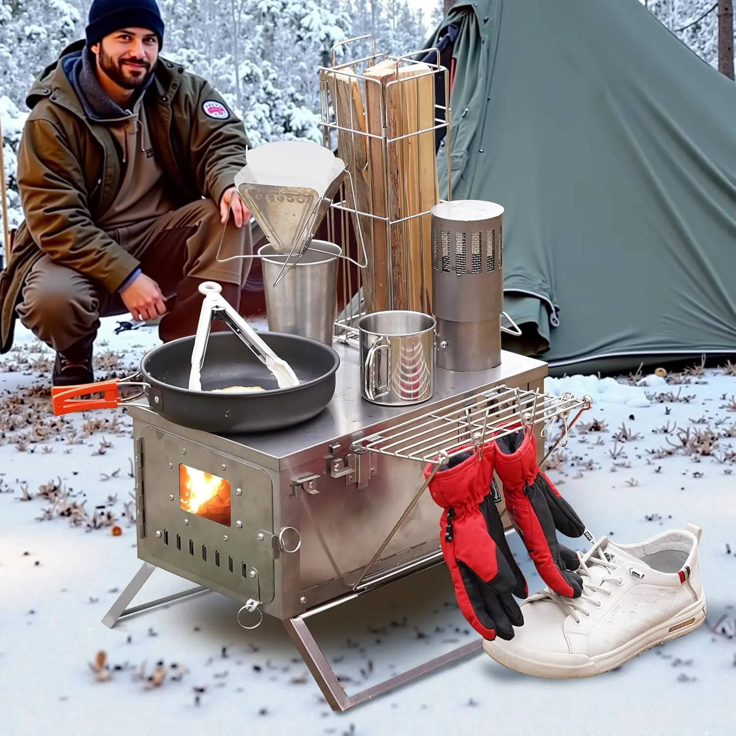 Titanium Camping Tent Stove,Outdoor Portable Ultralight Folding Tent Stove Wood Burning Stove for Backpacking Camping Hunting