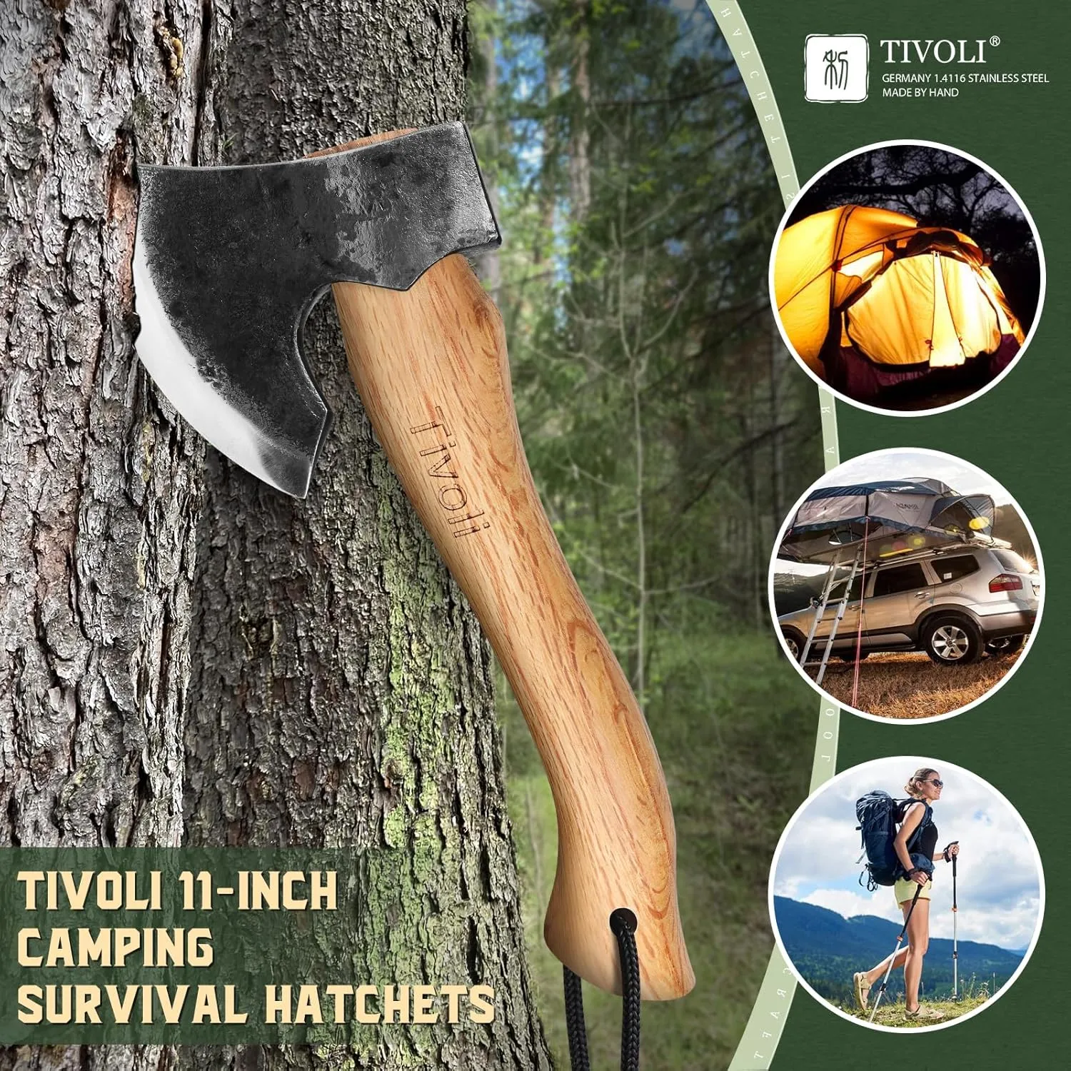 Tivoli 11 Inch Hatchet Camping Axe,Small Bushcraft Axe for Chopping and Wood Splitting,Ash Wood Handle,Perfect for Outdoor Survival and Adventures,Hunting, Trekking,Gardening