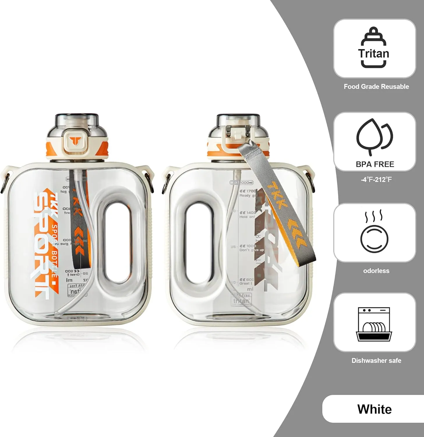 TKK Half Gallon Water Bottle Jug with Straw Large Capacity Plastic Water Bottle Dishwasher Safe 1/2 Gallon 64 Oz Water Bottle Jug BPA Free Tritan for Gym Yoga Travel Camping Outdoor White